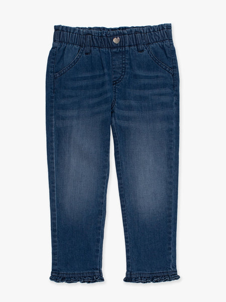 Medium Wash Stretch Denim Ruffle Straight Jeans