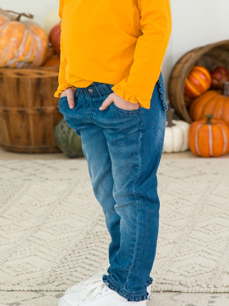 Medium Wash Stretch Denim Ruffle Straight Jeans