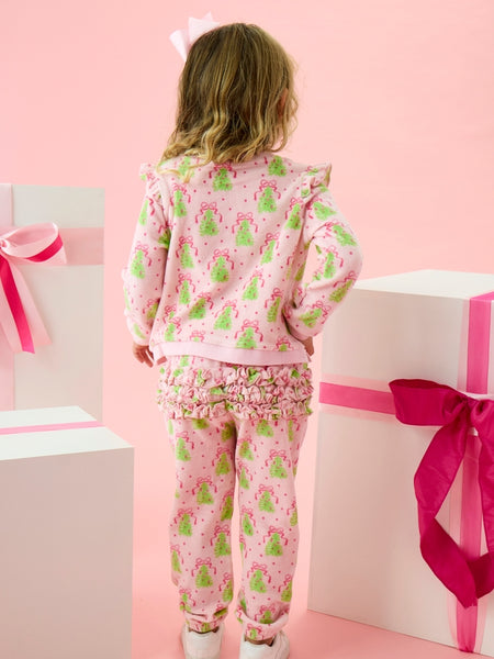 Pink Christmas Tree Party Velour Flutter Sweatshirt Jogger Set with  Ruffles