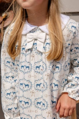 Long Sleeve Banks Bow Dress- Pima Horse Bits and Bows/Worth Ave White