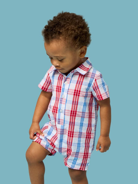 Lincoln Plaid Woven Short Sleeve Button-Up Romper