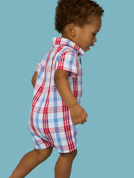 Lincoln Plaid Woven Short Sleeve Button-Up Romper