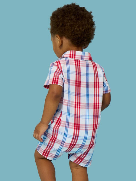 Lincoln Plaid Woven Short Sleeve Button-Up Romper