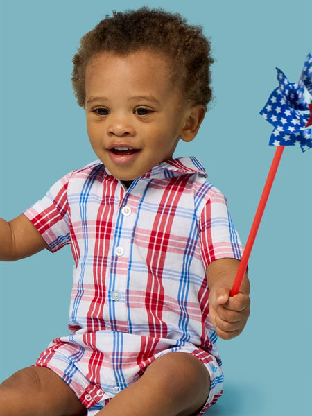 Lincoln Plaid Woven Short Sleeve Button-Up Romper