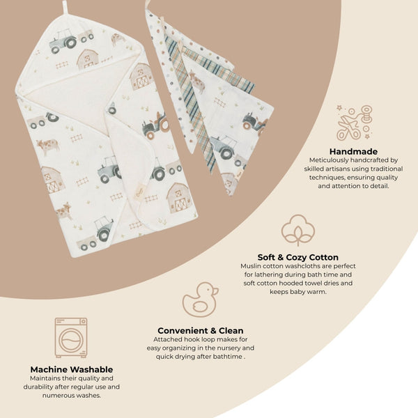 Charlie Farmhouse Tractor Hooded Towel/Wash Cloth