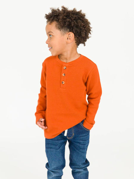 Rust Waffle Knit Long Sleeve Henley Tee