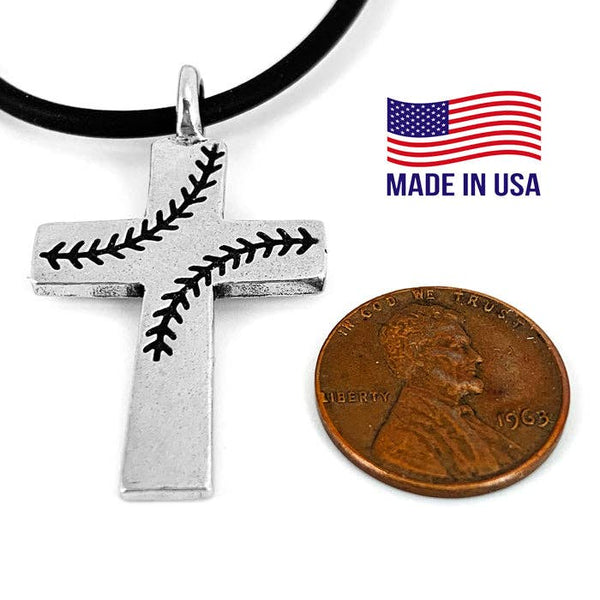 Baseball Stitch Cross Necklace On Black Rubber