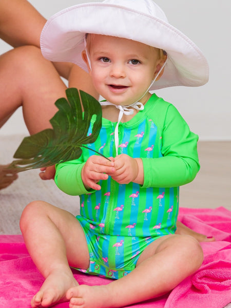 Neon Flamingo Stripe Long Sleeve Rash Guard