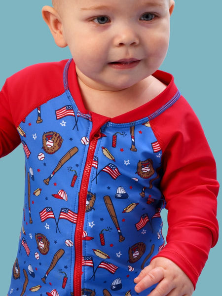 Blue Stars & Strikes Long Sleeve One Piece Rash Guard