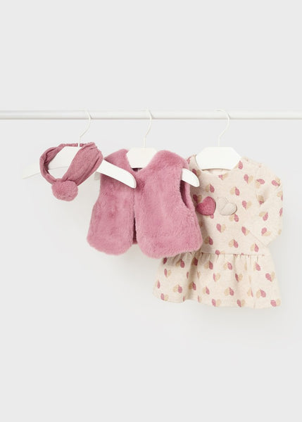 3 Piece Faux Fur Vest Set-Mid Rose