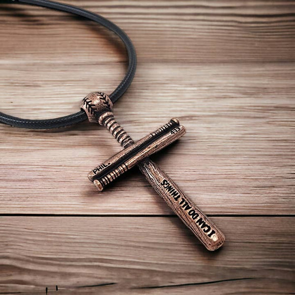 Baseball Bat & Ball Cross Necklace Antique Copper Finish