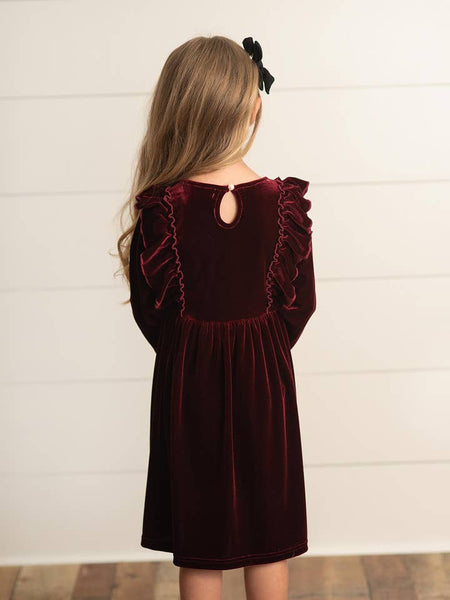 Burgundy Wine Velvet Bow Ruffle Dress