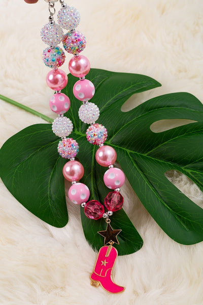 Pink & White Necklace W/Cowgirl Boot Pendant