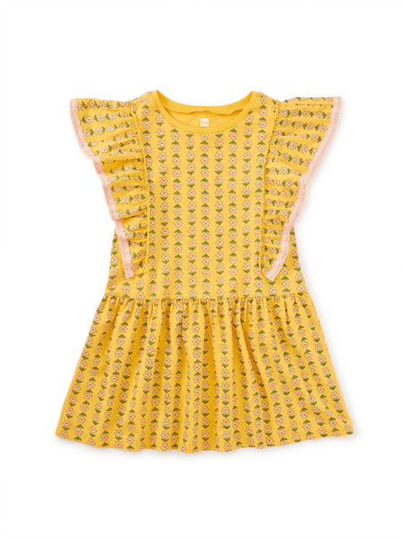 Vintage Floral Tile Crochet Trim Ruffle Dress