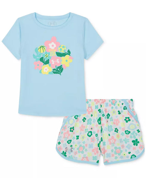 UA Floral T-Shirt & Printed Woven Shorts Set-Stream