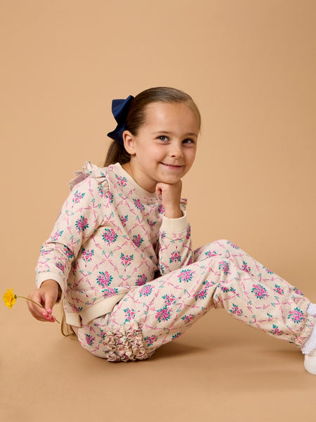 Heather Oatmeal Bouquets Flutter Sweatshirt Jogger Set with Signature Rear Ruffles
