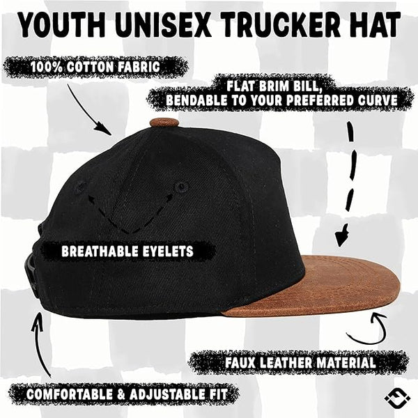 Flat Brim Trucker Hat - Dude - Black/Faux Leather