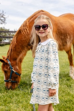 Long Sleeve Banks Bow Dress- Pima Horse Bits and Bows/Worth Ave White