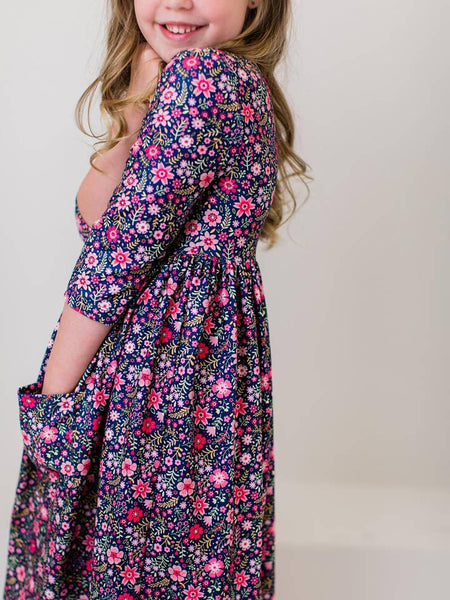 Flower Farm 3/4 Sleeve Pocket Twirl Dress