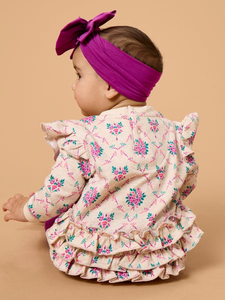 Heather Oatmeal Bouquets Sweatshirt Bubble Romper with Signature Rear Ruffles