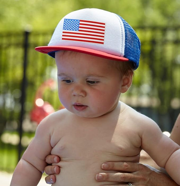 Flat Brim Trucker Hat - American Flag - Red/White/Blue