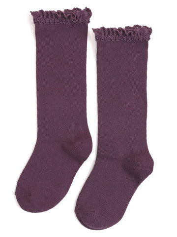 Lace Top Knee High Socks -Plum