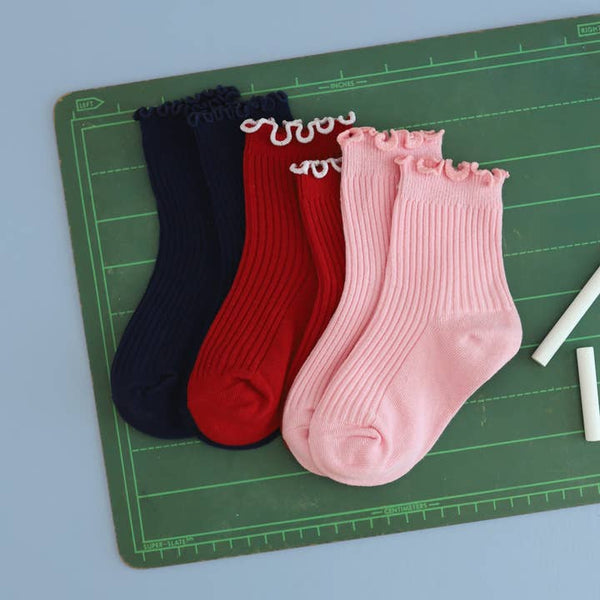 Ribbed Lettuce Trim Midi Socks - Red/White