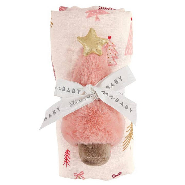Swaddles with Plush Rattle - Pink Tree