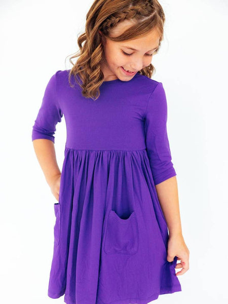 Purple 3/4 Sleeve Pocket Twirl Dress
