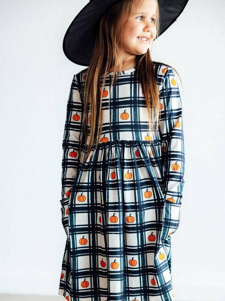 Plaid Pumpkins L/S Pocket Twirl Dress