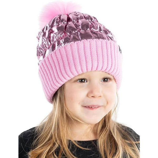 Puffer Faux Fur Pom Beanie - Pink