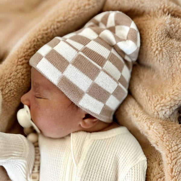 Baby's First Hat - Tan/Warm White Checkerboard