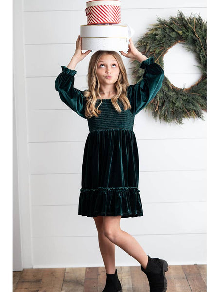 Dark Green Smocked Velvet Dress