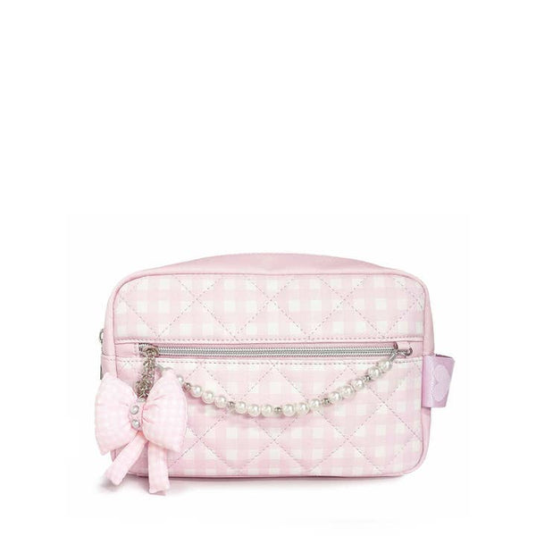 Quilted Gingham Printed Pouch with Pearl Chain