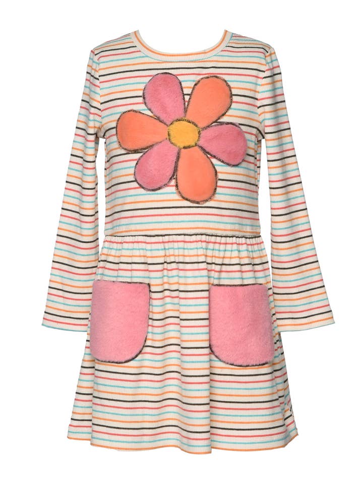 Long Sleeve Stripe Dress w/Faux Fur Flower Detail