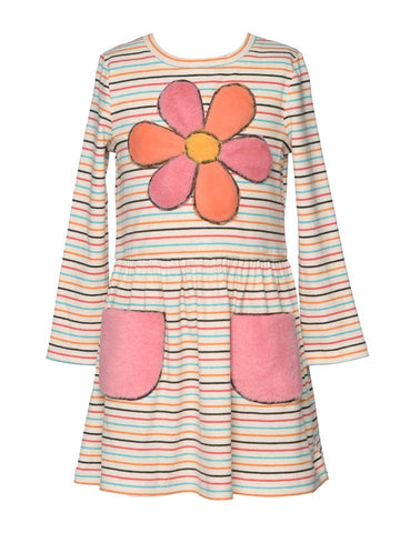 Long Sleeve Stripe Dress w/Faux Fur Flower Detail