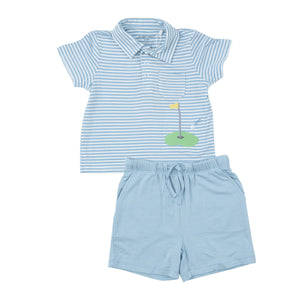 Golf Dream Blue Stripe Polo Shirt + Short Set