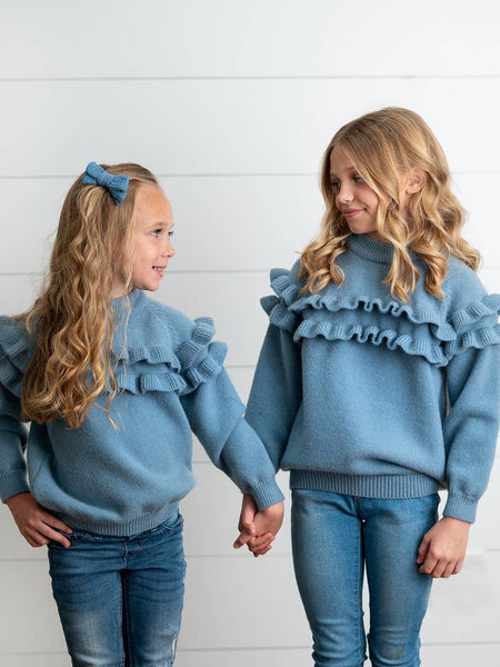 Dusty Blue Double Ruffle Crew Neck Sweater