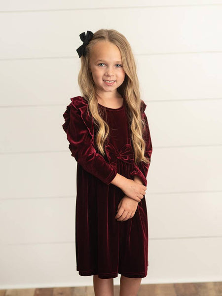 Burgundy Wine Velvet Bow Ruffle Dress
