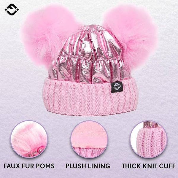 Puffer Faux Fur Pom Beanie - Pink
