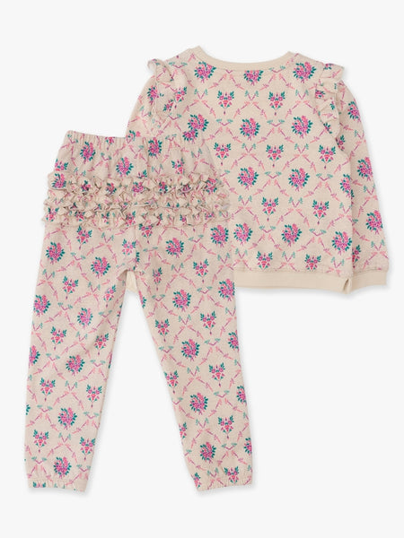 Heather Oatmeal Bouquets Flutter Sweatshirt Jogger Set with Signature Rear Ruffles