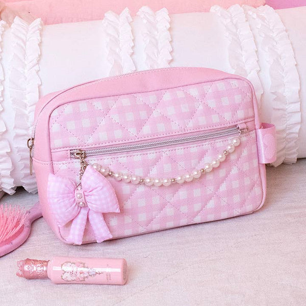 Quilted Gingham Printed Pouch with Pearl Chain