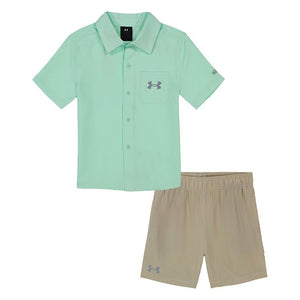 UA UPF Short Sleeve Button-Up Shirt & Shorts Set-Aqua Foam