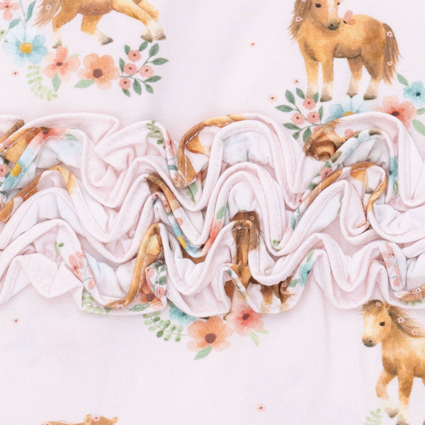 Pink Ponies  2 Way Ruffle Back Zipper Footie