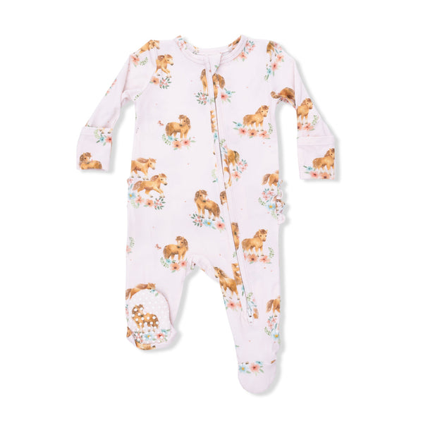 Pink Ponies  2 Way Ruffle Back Zipper Footie