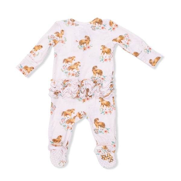 Pink Ponies  2 Way Ruffle Back Zipper Footie