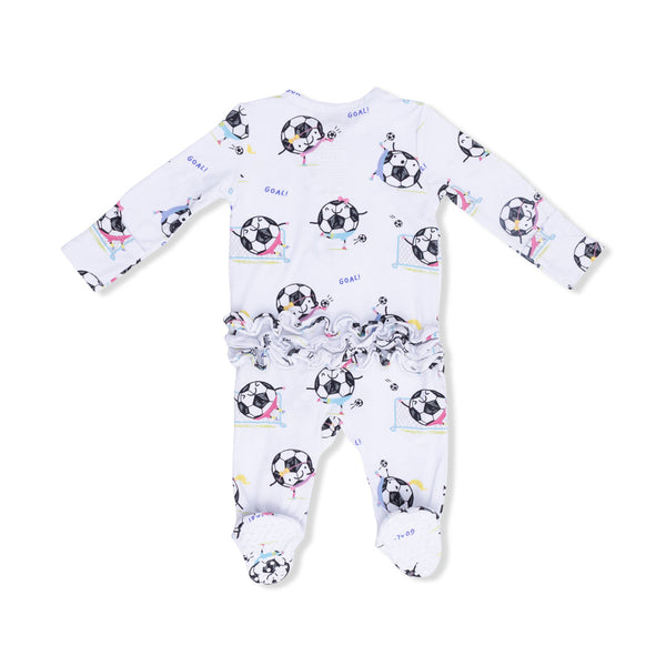 Soccer Balls Playing Soccer Pink 2 Way Ruffle Back Zipper Footie