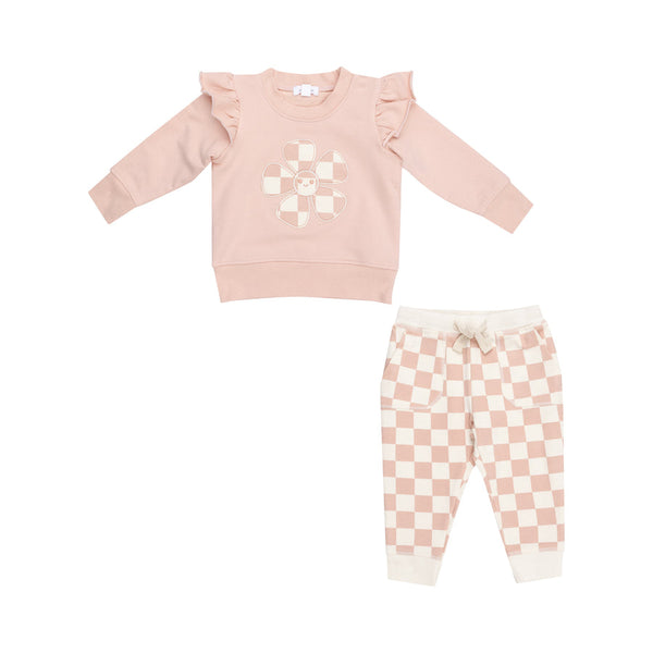 Ruffle Sweatshirt+Paperbag Jogger-Checkerboard Pink