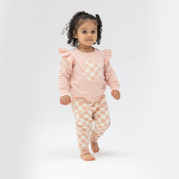 Ruffle Sweatshirt+Paperbag Jogger-Checkerboard Pink