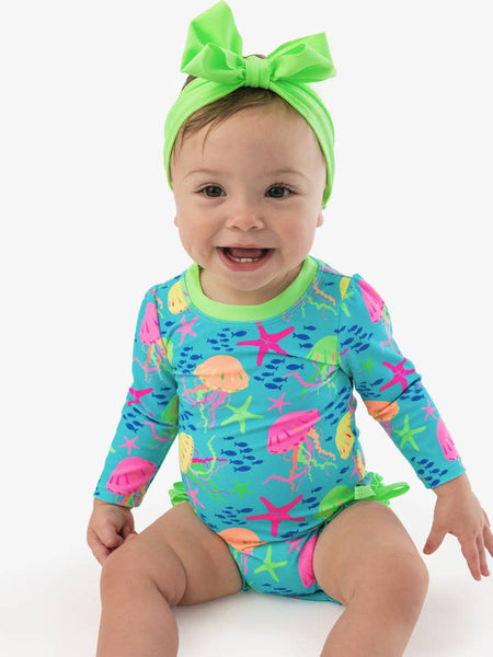 Neon Jelly Time Rash Guard Swimsuit with Signature Rear Ruffles